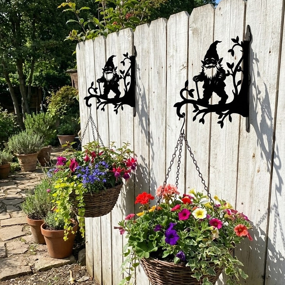 Garden gnome metal hanging basket bracket mounted on outdoor wall for plant decoration