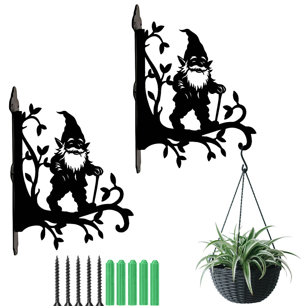 Garden gnome metal hanging basket bracket mounted on outdoor wall for plant decoration