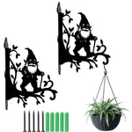 Garden gnome metal hanging basket bracket mounted on outdoor wall for plant decoration