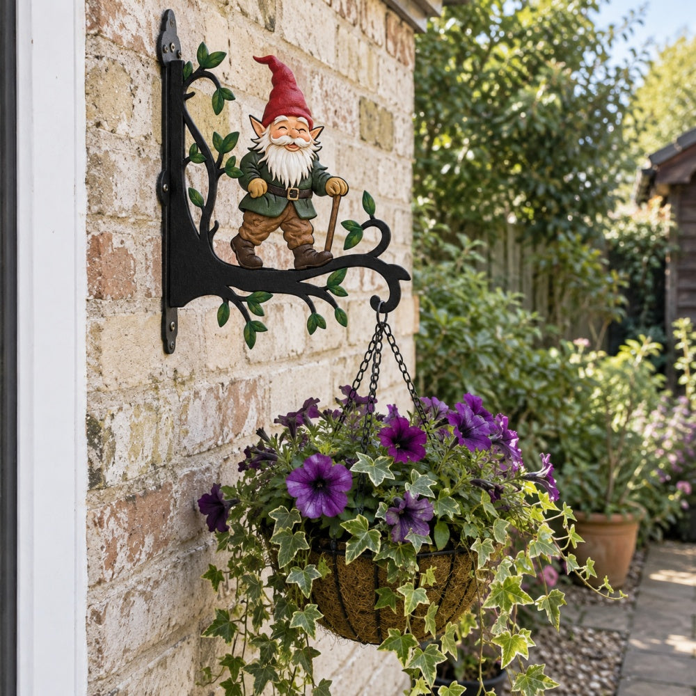 Garden gnome metal hanging basket bracket mounted on outdoor wall for plant decoration