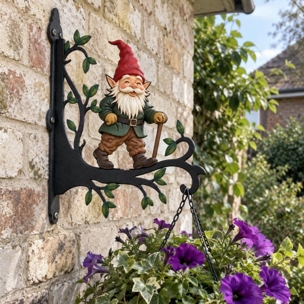 Garden gnome metal hanging basket bracket mounted on outdoor wall for plant decoration