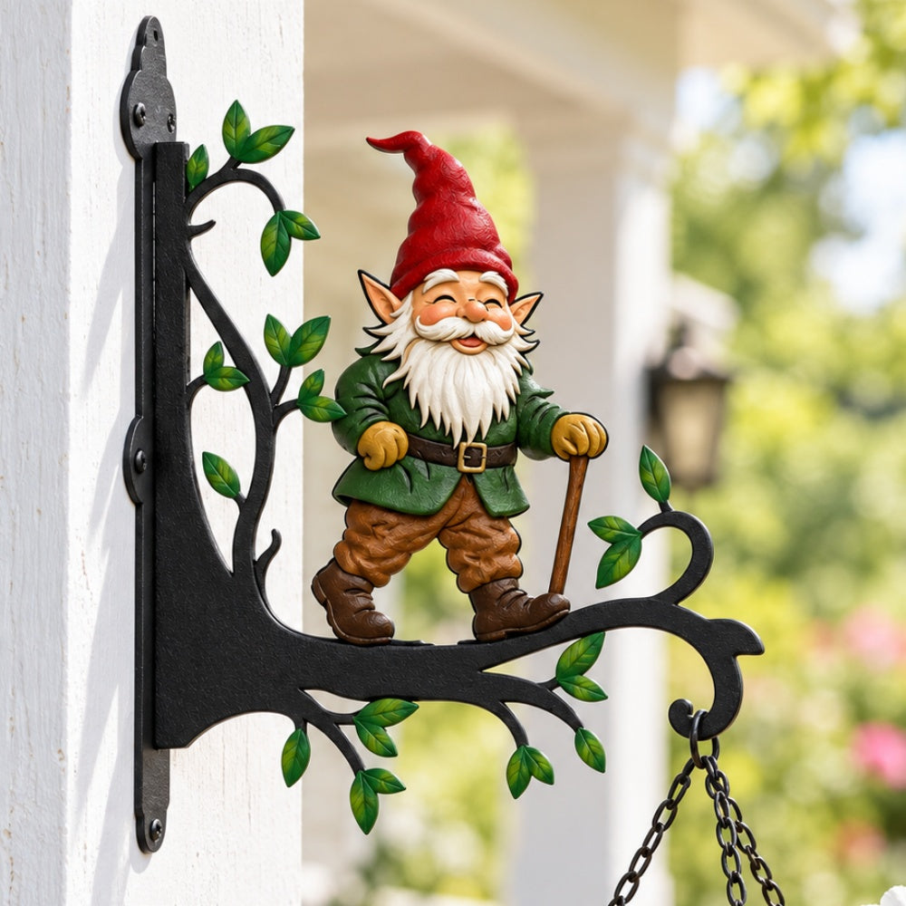 Garden gnome metal hanging basket bracket mounted on outdoor wall for plant decoration