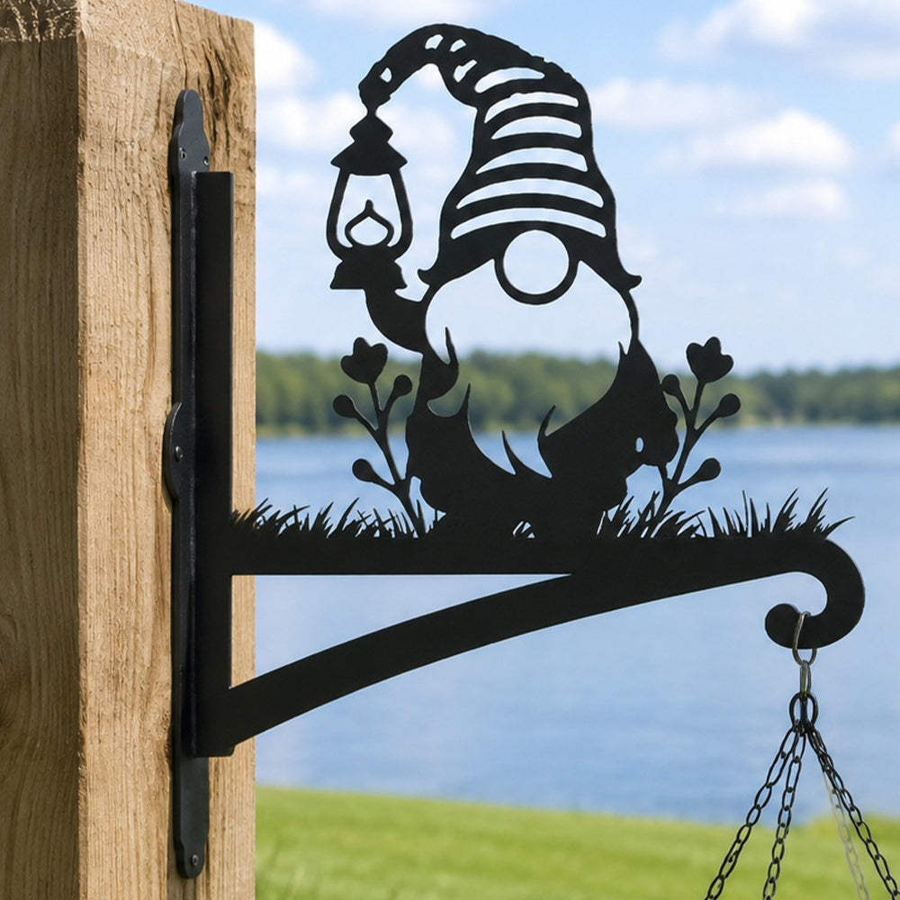 Garden gnome metal hanging basket bracket mounted on outdoor wall for plant decoration