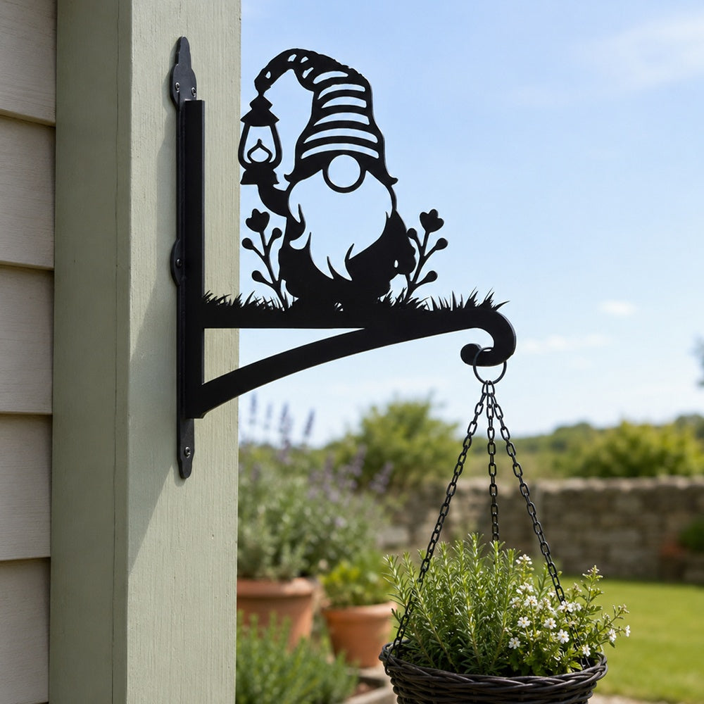 Garden gnome metal hanging basket bracket mounted on outdoor wall for plant decoration