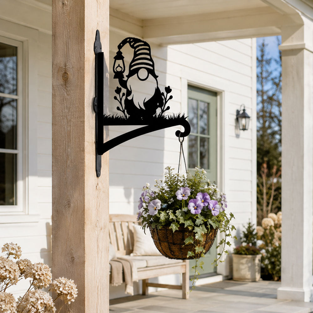 Garden gnome metal hanging basket bracket mounted on outdoor wall for plant decoration
