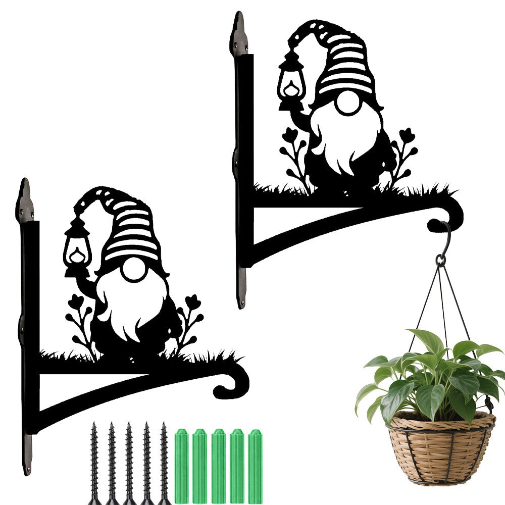 Garden gnome metal hanging basket bracket mounted on outdoor wall for plant decoration