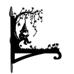 Garden gnome under tree metal hanging basket bracket mounted on outdoor wall for plant decoration