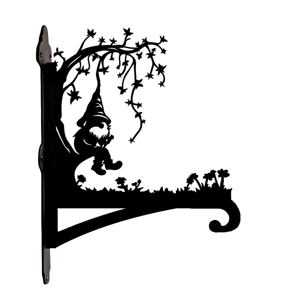 Garden gnome under tree metal hanging basket bracket mounted on outdoor wall for plant decoration