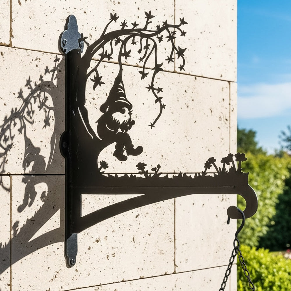 Garden gnome under tree metal hanging basket bracket mounted on outdoor wall for plant decoration