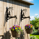 Garden gnome under tree metal hanging basket bracket mounted on outdoor wall for plant decoration