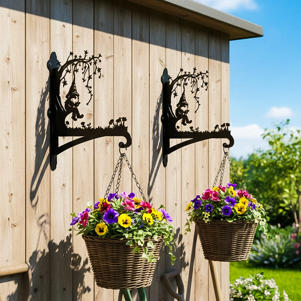 Garden gnome under tree metal hanging basket bracket mounted on outdoor wall for plant decoration