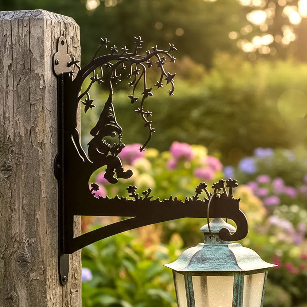 Garden gnome under tree metal hanging basket bracket mounted on outdoor wall for plant decoration