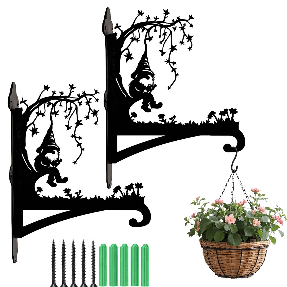 Garden gnome under tree metal hanging basket bracket mounted on outdoor wall for plant decoration