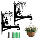Garden gnome under tree metal hanging basket bracket mounted on outdoor wall for plant decoration