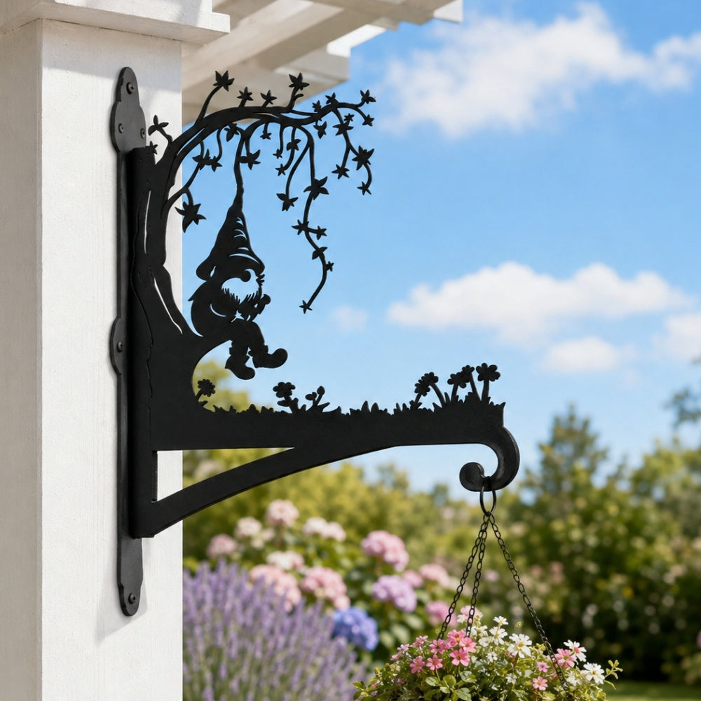 Garden gnome under tree metal hanging basket bracket mounted on outdoor wall for plant decoration
