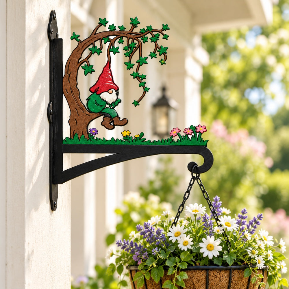 Garden gnome under tree metal hanging basket bracket mounted on outdoor wall for plant decoration