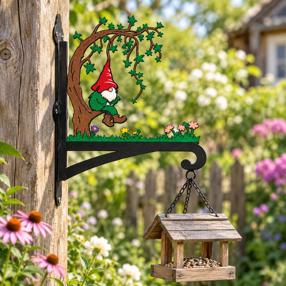 Garden gnome under tree metal hanging basket bracket mounted on outdoor wall for plant decoration