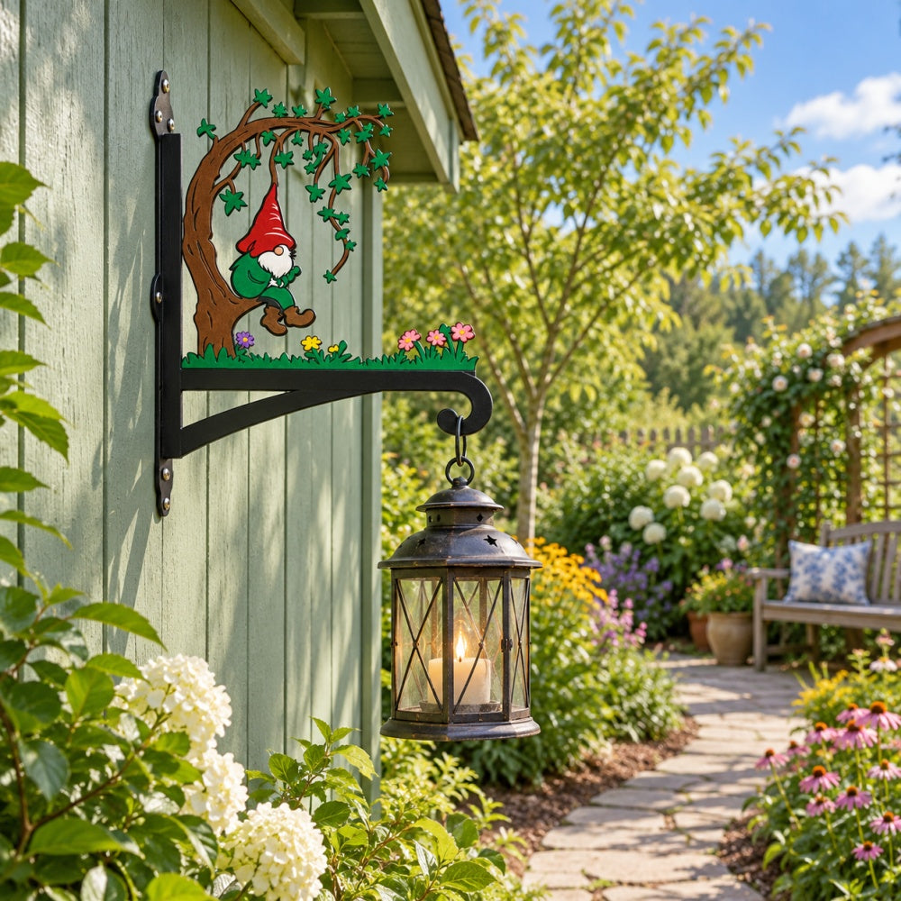 Garden gnome under tree metal hanging basket bracket mounted on outdoor wall for plant decoration