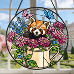 Garden watering can red panda stained glass suncatcher window hanging, suitable for home and garden decoration