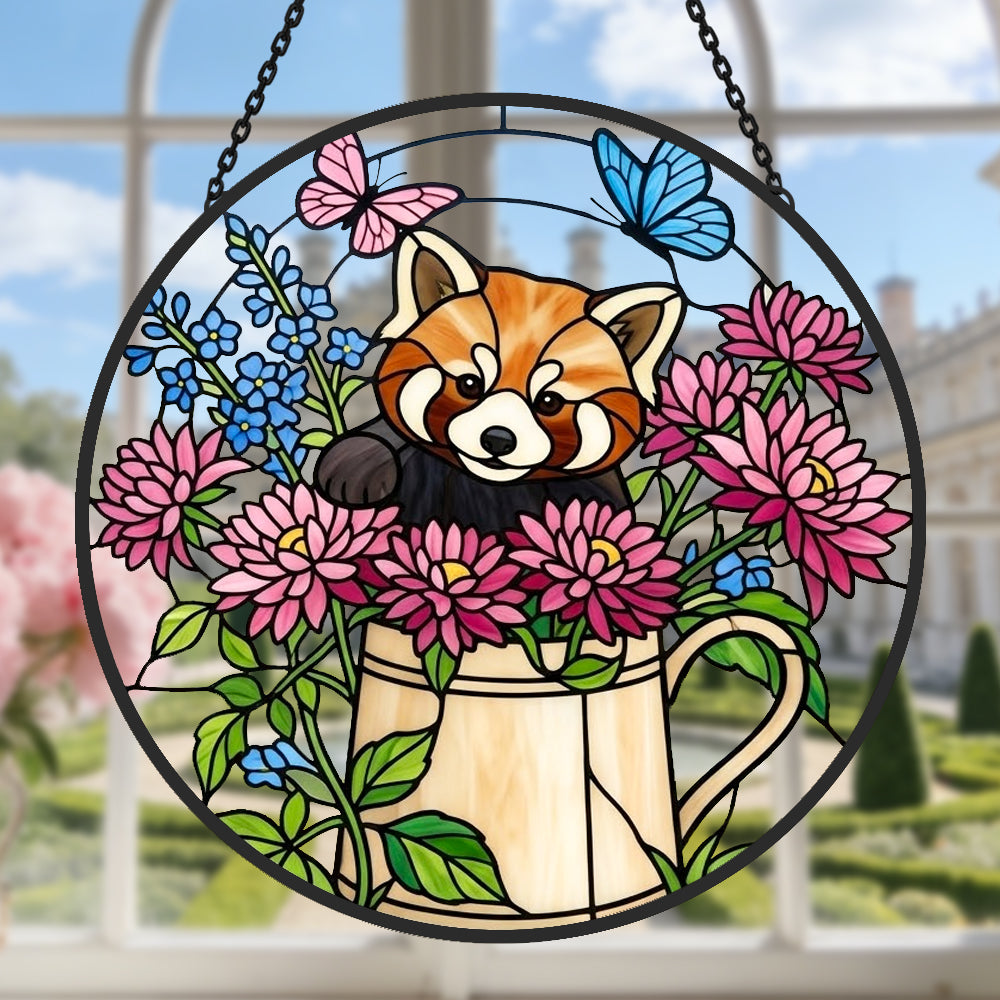 Garden watering can red panda stained glass suncatcher window hanging, suitable for home and garden decoration
