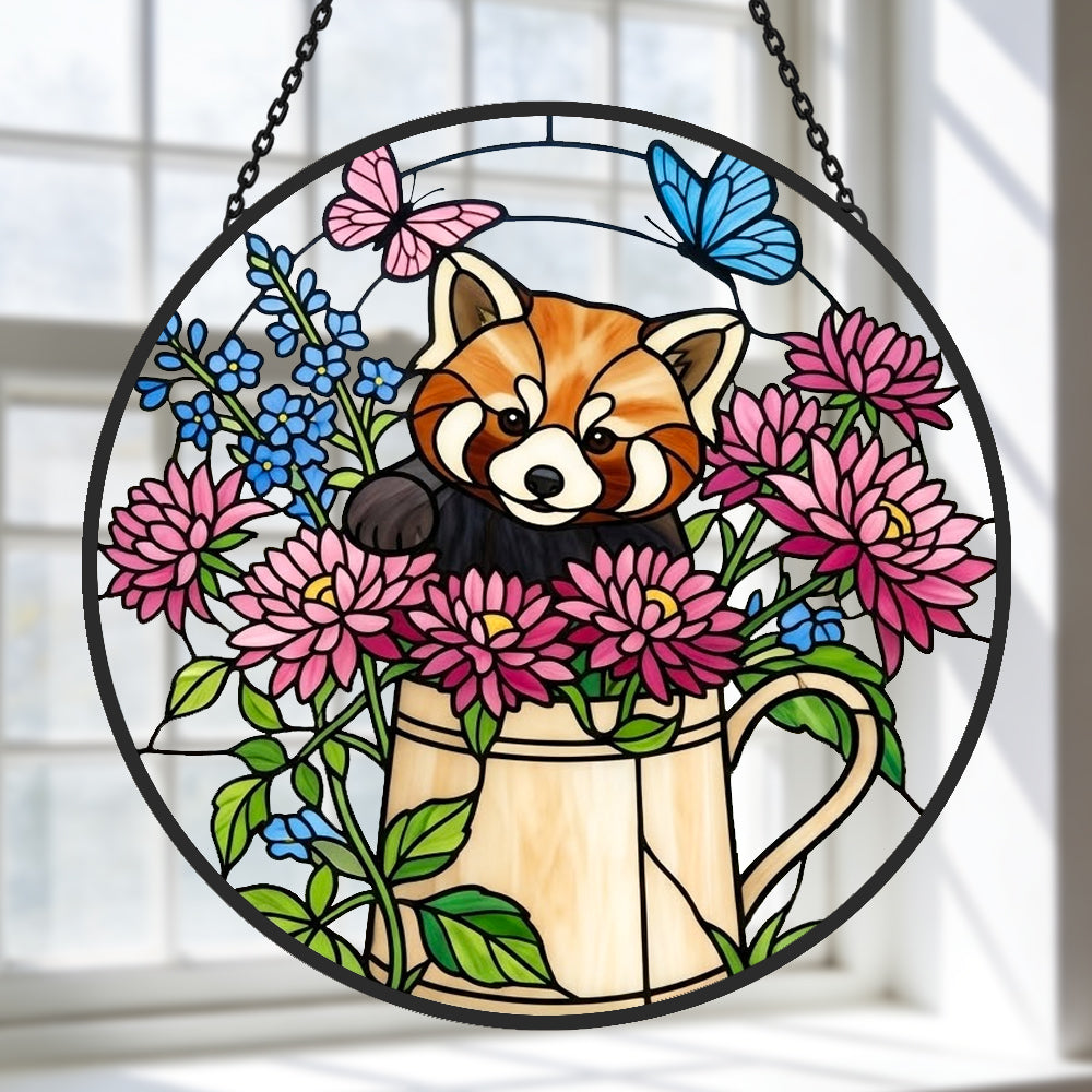 Garden watering can red panda stained glass suncatcher window hanging, suitable for home and garden decoration