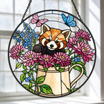 Garden watering can red panda stained glass suncatcher window hanging, suitable for home and garden decoration