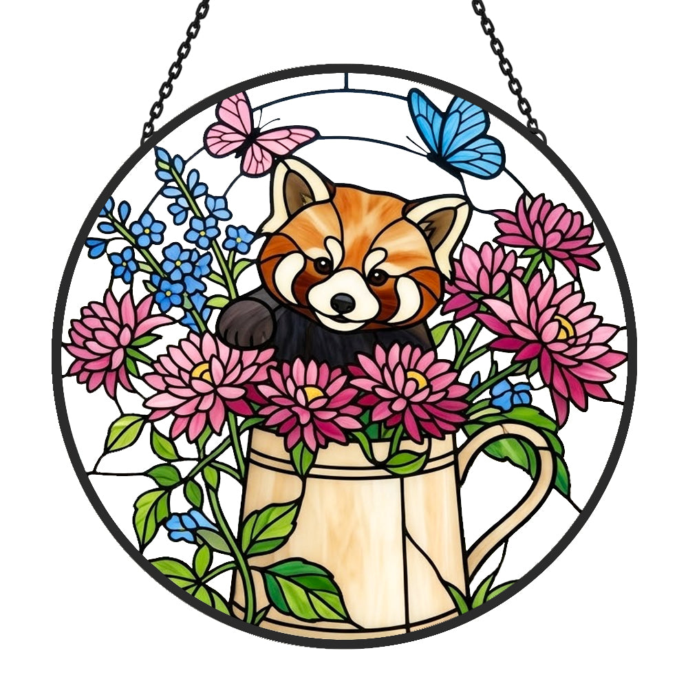 Garden watering can red panda stained glass suncatcher window hanging, suitable for home and garden decoration