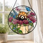 Garden watering can red panda stained glass suncatcher window hanging, suitable for home and garden decoration