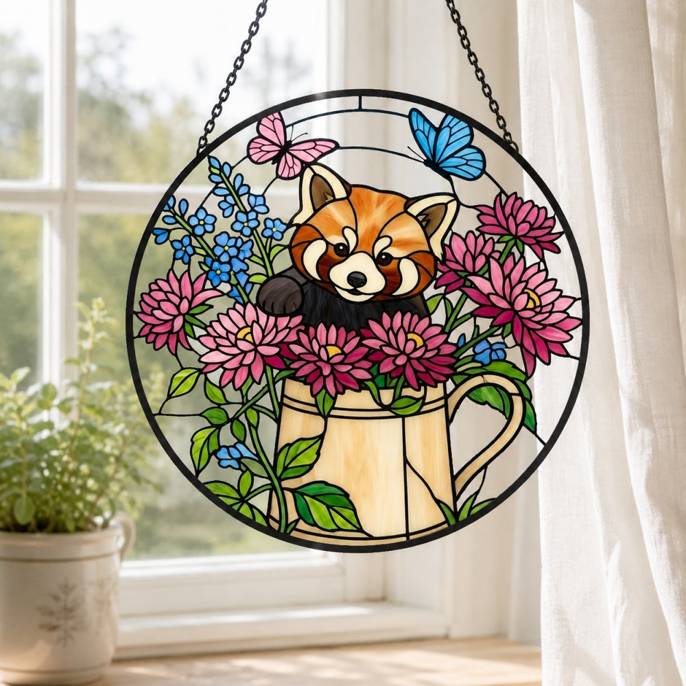 Garden watering can red panda stained glass suncatcher window hanging, suitable for home and garden decoration