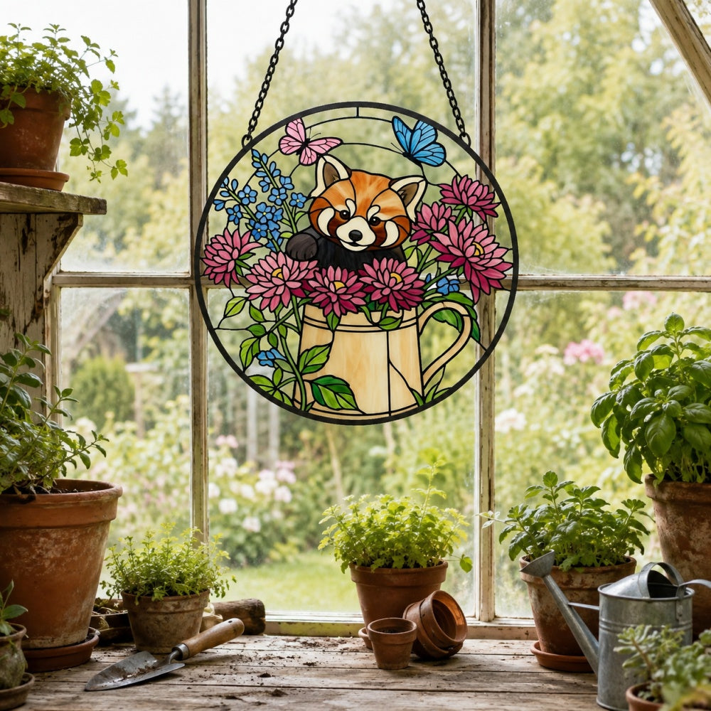 Garden watering can red panda stained glass suncatcher window hanging, suitable for home and garden decoration