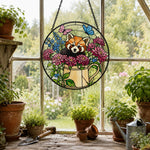 Garden watering can red panda stained glass suncatcher window hanging, suitable for home and garden decoration