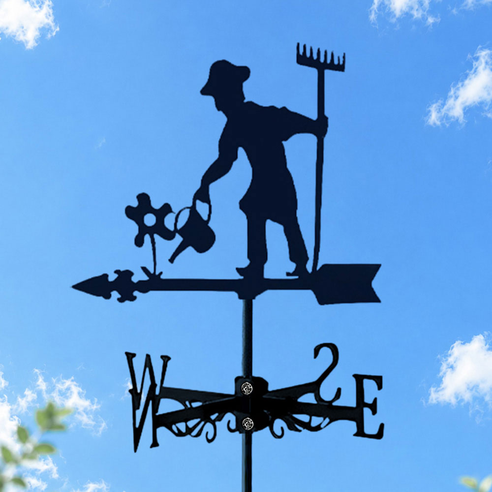 Gardener watering flower metal weather vane with directional arrows and mounting rod, outdoor roof and garden decoration