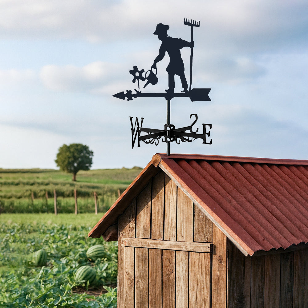 Gardener watering flower metal weather vane with directional arrows and mounting rod, outdoor roof and garden decoration