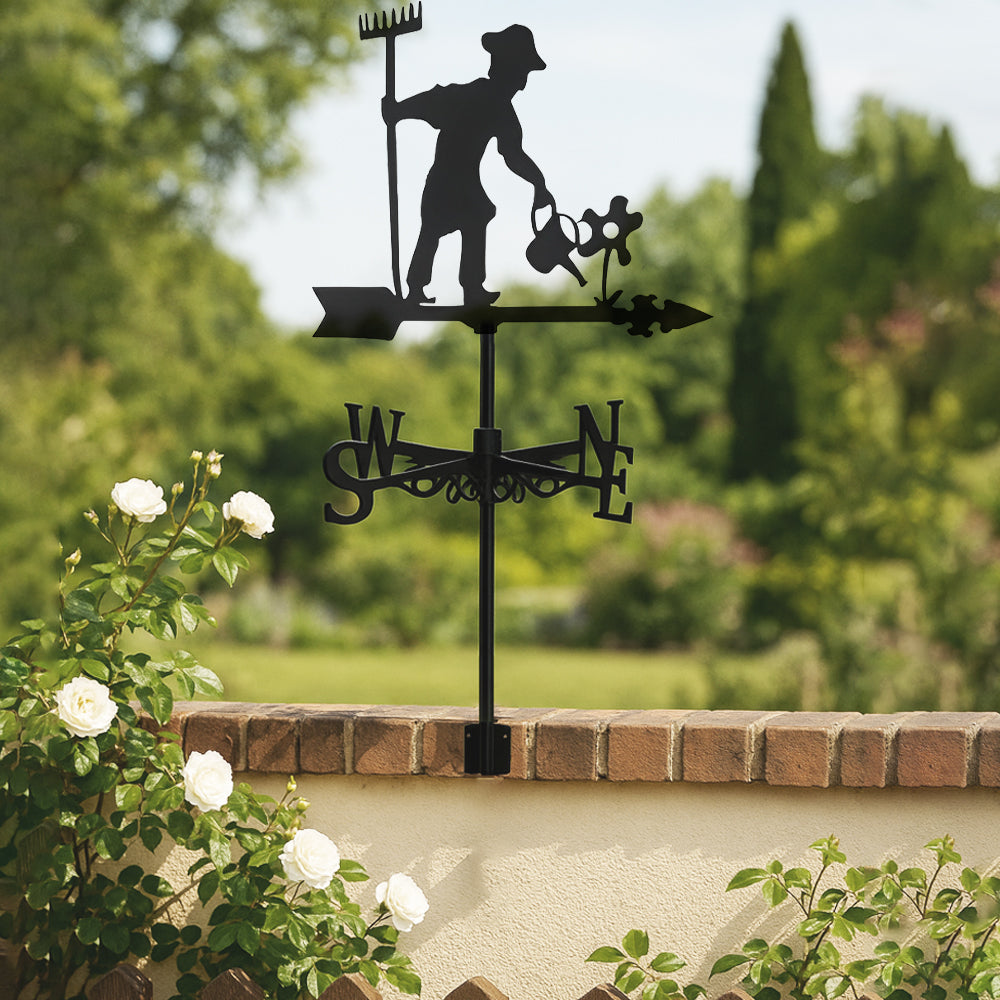 Gardener watering flower metal weather vane with directional arrows and mounting rod, outdoor roof and garden decoration