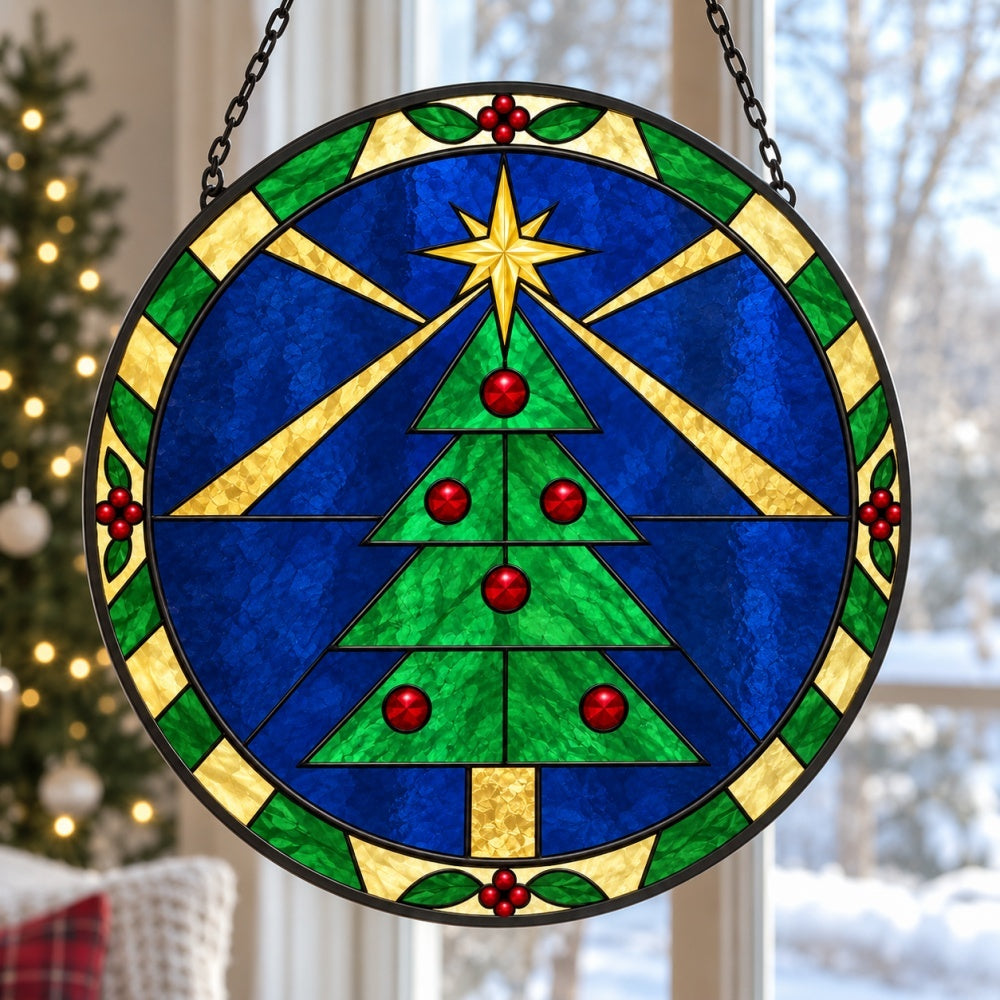 Geometric christmas tree stained glass suncatcher window hanging, suitable for home and garden decoration