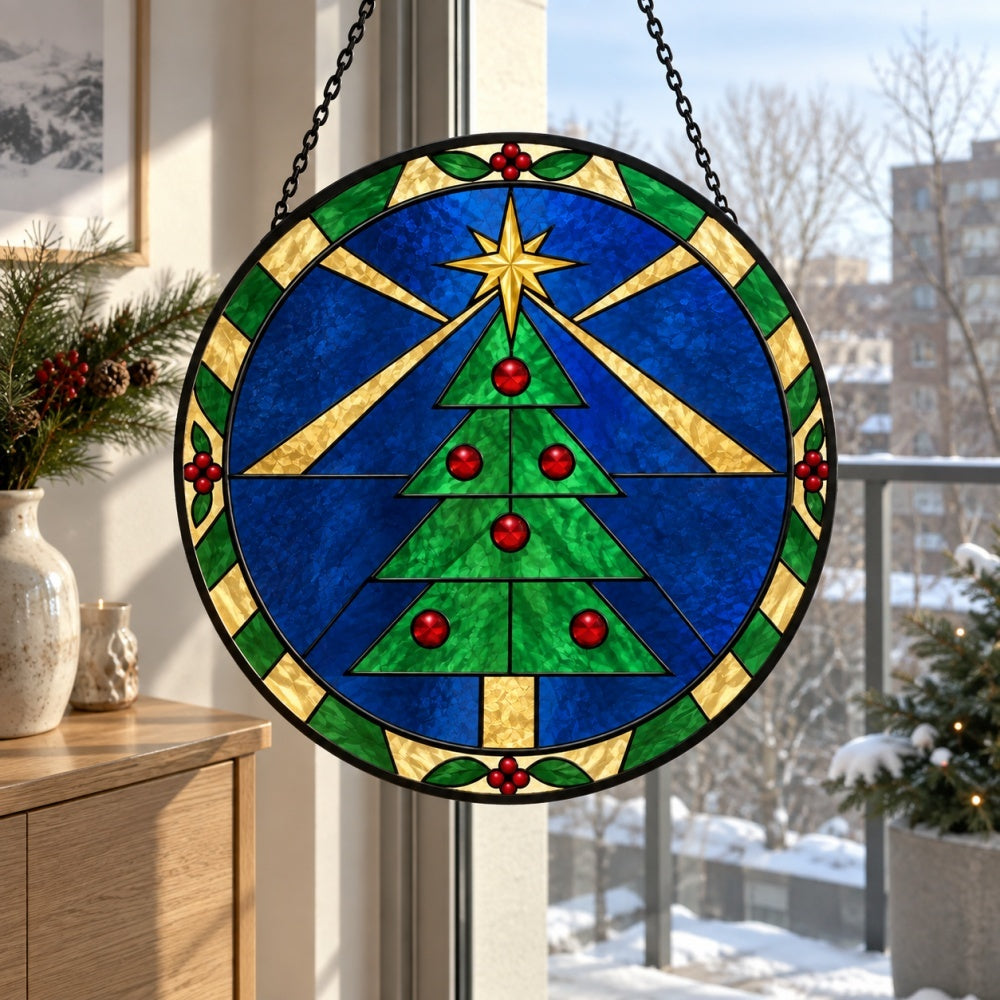 Geometric christmas tree stained glass suncatcher window hanging, suitable for home and garden decoration