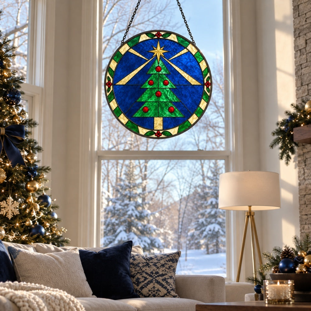 Geometric christmas tree stained glass suncatcher window hanging, suitable for home and garden decoration