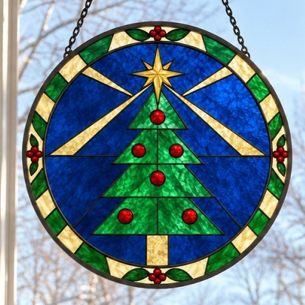 Geometric christmas tree stained glass suncatcher window hanging, suitable for home and garden decoration