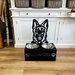 Personalized german shepherd dog metal dog bowl stand with custom name cutout and two removable feeding bowls