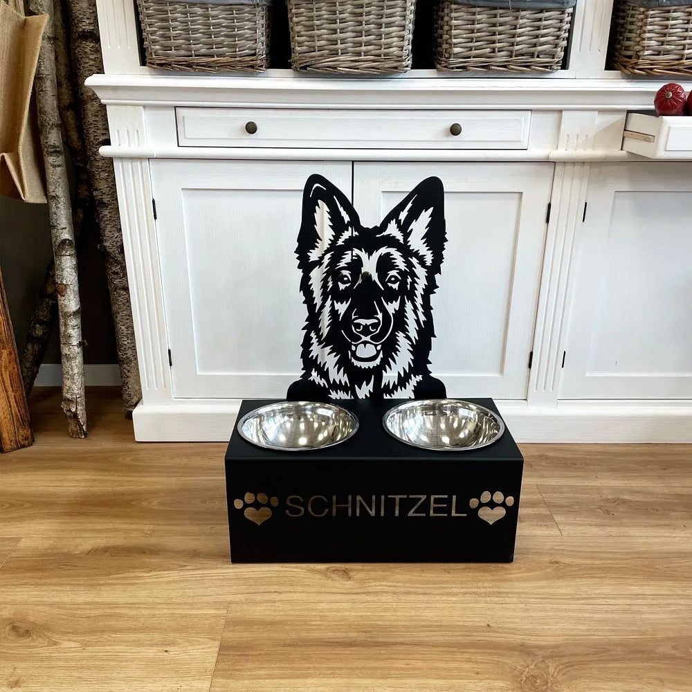 Personalized german shepherd dog metal dog bowl stand with custom name cutout and two removable feeding bowls