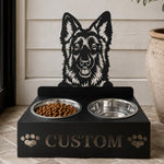 Personalized german shepherd dog metal dog bowl stand with custom name cutout and two removable feeding bowls