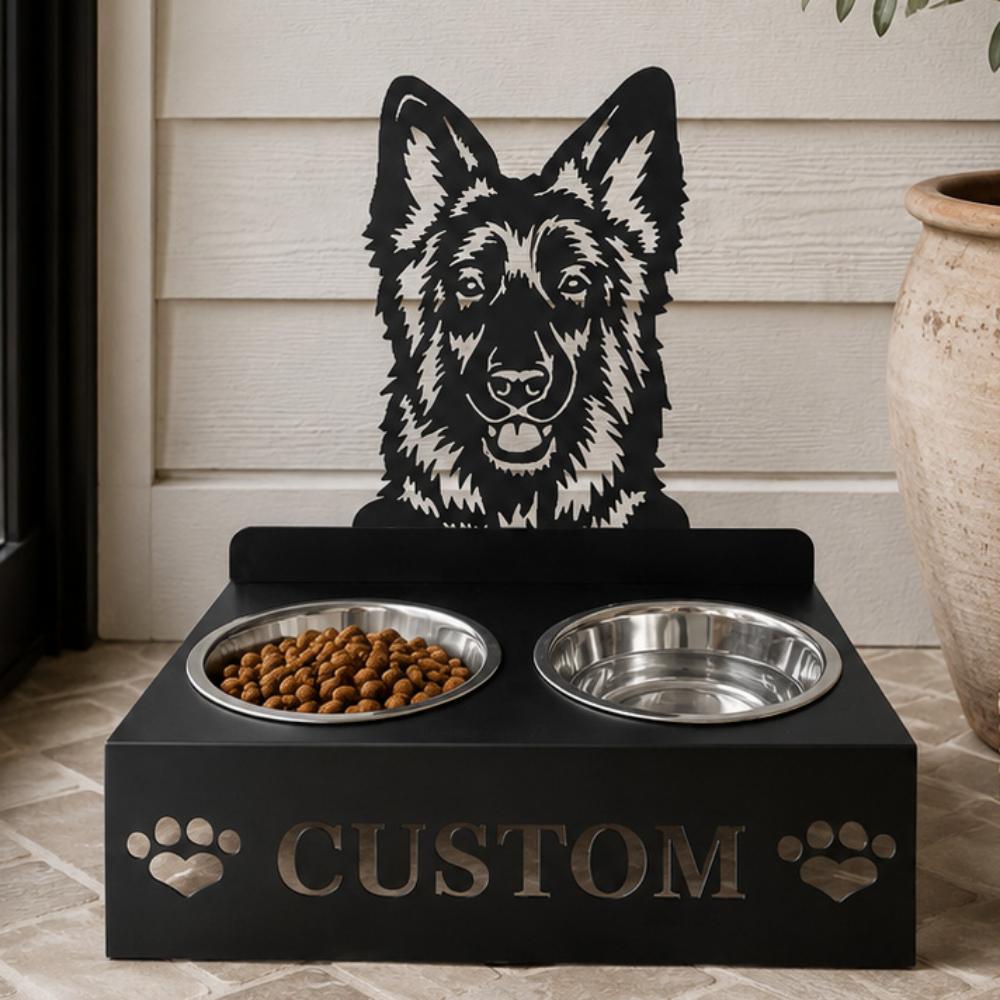 Personalized german shepherd dog metal dog bowl stand with custom name cutout and two removable feeding bowls
