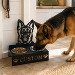 Personalized german shepherd dog metal dog bowl stand with custom name cutout and two removable feeding bowls