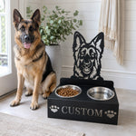 Personalized german shepherd dog metal dog bowl stand with custom name cutout and two removable feeding bowls