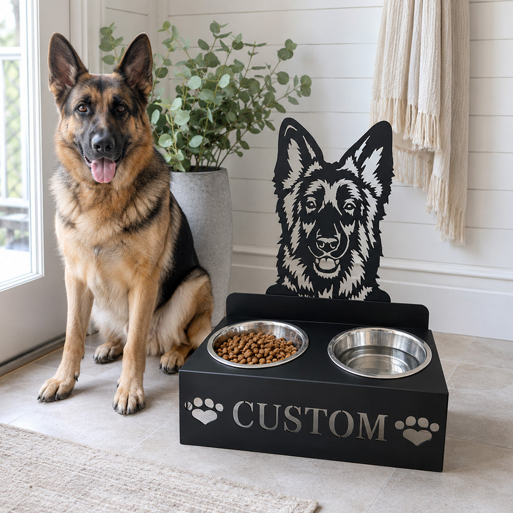 Personalized german shepherd dog metal dog bowl stand with custom name cutout and two removable feeding bowls