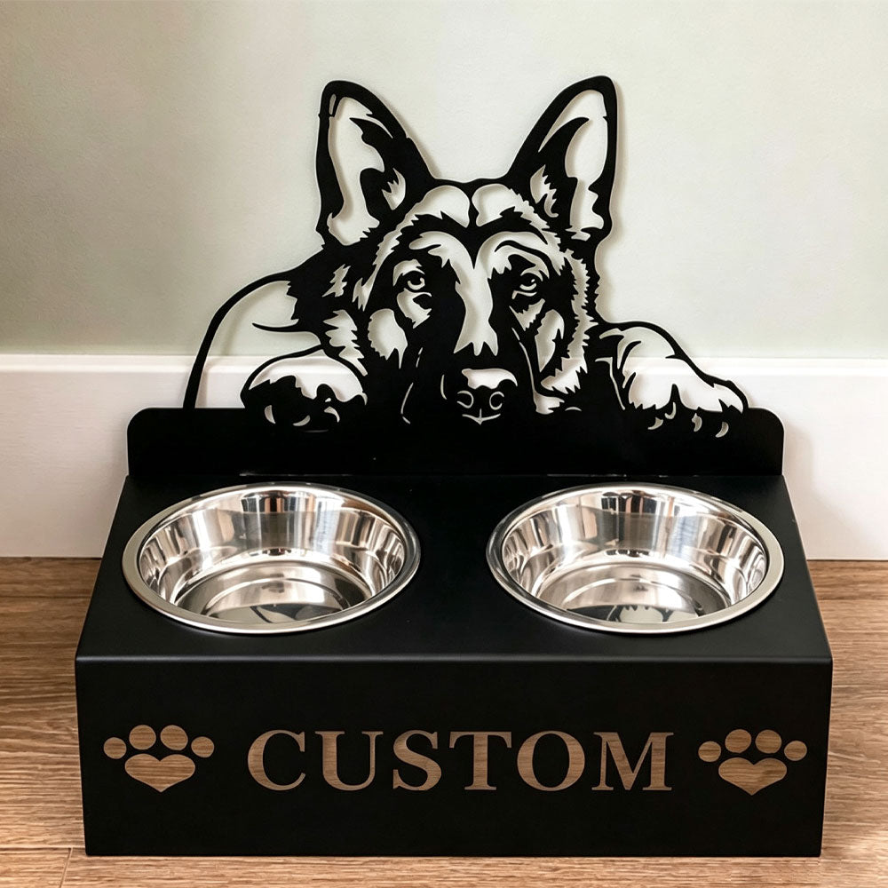 Personalized german shepherd metal dog bowl stand with custom name cutout and two removable feeding bowls
