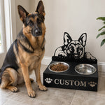 Personalized german shepherd metal dog bowl stand with custom name cutout and two removable feeding bowls