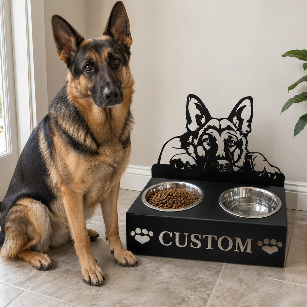 Personalized german shepherd metal dog bowl stand with custom name cutout and two removable feeding bowls