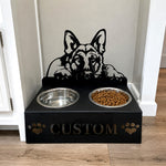 Personalized german shepherd metal dog bowl stand with custom name cutout and two removable feeding bowls
