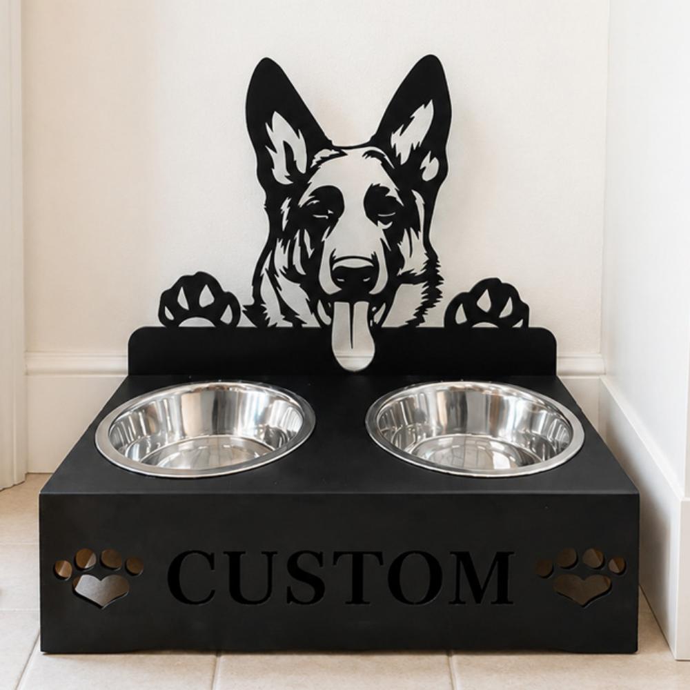 Personalized german shepherd metal dog bowl stand with custom name cutout and two removable feeding bowls